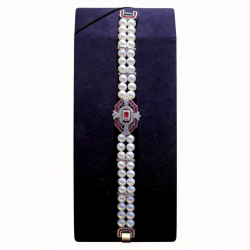 Silver Art Deco CZ White Red Faux Pearl Bracelet 1920 Style SZ2