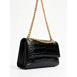 Elissa Mini Bag Black Crocodile Crossbody with Gold Chain Strap