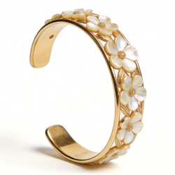 18K Gold Plated Floral Cuff Bracelet Mother of Pearl Flower Adjustable Bangle