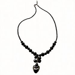 Black Beaded Necklace Heart Charm Pendant Adjustable Lobster Clasp Silver