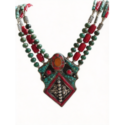Tibetan Silver Turquoise Coral & Amber Statement Necklace Boho