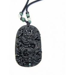 Jade Obsidian Dragon Charm Pendant Necklace Beads Cord Handmade Carved Gemstone