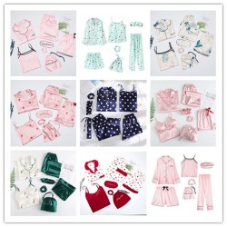 2025 Manufacturer Direct Women's 7-Piece Korean-Style Faux Silk Pajamas - Long-Sleeve Cardigan Loungewear for Spring & Autumn