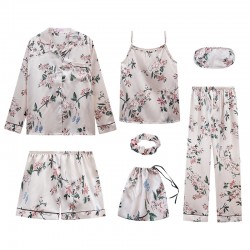 New Spring/Autumn Women's 7-Piece Faux Silk Pajama Set - White Flower Print - Long Sleeves, Camisole & Shorts