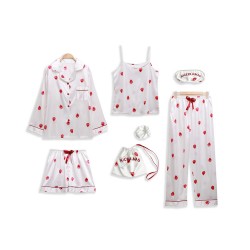 Spring Autumn New Women's 7-Piece Silk-Like Pajama Set - Strawberry Print Long Sleeve, Camisole & Shorts Loungewear