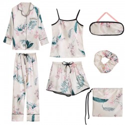 Women's 7-Piece Maple Leaf Printed Faux Silk Pajamas - Ice Silk Fabric for All Seasons (Spring/Summer/Autumn/Winter)