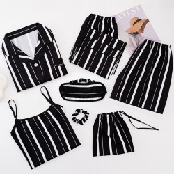 Factory Direct Women's 7-Piece Pajama Set - Silk-Like Rayon Long Sleeve & Pants, 4-Season Wear Silk Loungewear