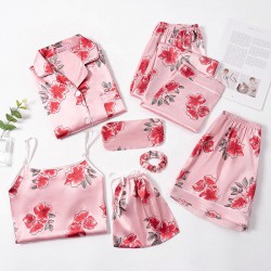 Women's New 7-Piece Silk Pajama Set - European Style - Long Sleeves, Shorts & Camisole - Spring/Summer - All-Season Wear