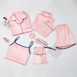 Women's New 7-Piece Silk Pajama Set - Long Sleeves & Shorts - European & American Style - All-Season Wear