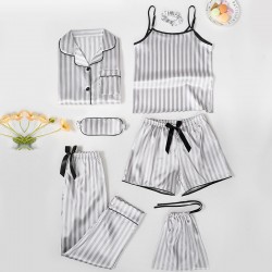 Factory Direct Kids' 7-Piece Silk-Like Pajama Set - 4-Season Wear Heart & Striped Print Loungewear