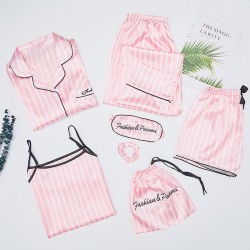 New Women's 7-Piece Striped Faux Silk Pajamas - Short Sleeves, Ice Silk Fabric - All-Season Loungewear Set