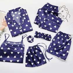 Women's 7-Piece 4-Season Pajama Set - Thin Ice Silk Camisole & Long Sleeve, Sexy Heart Print Loungewear, Factory Supply