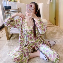 Women's 3-Piece 4-Season Ice Silk Pajama Set - Sexy Elegant Thin Sling, Long Pants & Robe, Silky Loungewear