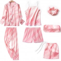 New 7-Piece Women's Silk Pajama Set - Long Sleeves, Shorts & Camisole - European & American Style - All-Season Wear