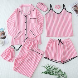 Factory Direct Matching Family Pajamas - 7-Piece Bubble Wrinkle Cotton Set (Women's Camisole & Shorts + Kids' Outfit)