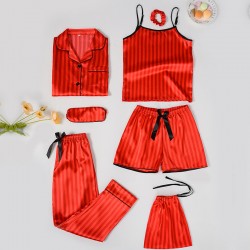 Factory Direct Kids' 7-Piece Silk-Like Pajama Set - 4-Season Wear Heart & Striped Print Loungewear