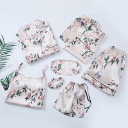 New Factory Direct Women's 7-Piece Pajama Set - 4-Season Wear Fresh Floral Print Silk-Like Loungewear (Multiple Styles)