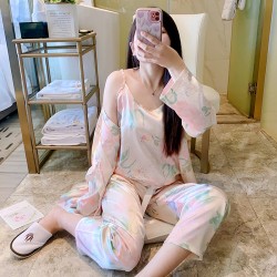 Women's 3-Piece 4-Season Ice Silk Pajama Set - Sexy Thin Sling, Long Pants & Robe, Elegant Loungewear