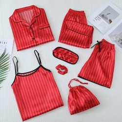 Women's 7-Piece Silk Striped Pajamas - Long Sleeves & Camisole - Ice Silk Loungewear Set for Spring & Summer