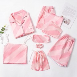 Women's New 7-Piece Silk Pajama Set - Faux Silk Fabric - Spring/Summer - All-Season Wear