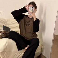 New Korean-Style Women's Pajama Set - Sweet Smiley Face Print Loungewear, Spring Autumn Wearable-Outside