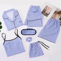 Korean-Style Women's 7-Piece Silk-Like Rayon Pajama Set - 4-Season Wear Long Sleeve & Camisole, Ice Silk Loungewear