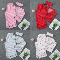 Women's Striped Bubble Wrinkle Cotton Pajamas - 7-Piece Set with Long Sleeves, Pants & Eye Mask - Wearable Outside for OZON