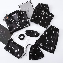Manufacturer Direct New Women's 7-Piece Faux Silk Pajama Set - Long Sleeves, Vest & Shorts - All-Season Wear