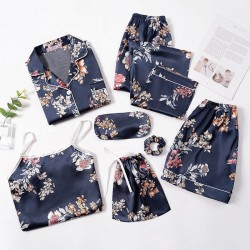 New Women's 7-Piece Silk Pajama Set - European Style - Long Sleeves, Shorts & Camisole - Spring/Summer - All-Season Wear