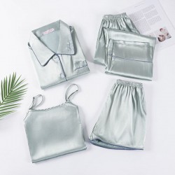 New Women's 4-Piece Pajama Set - Sweet Solid Color 5050 Fabric - Thin Summer Style - All-Season Wear