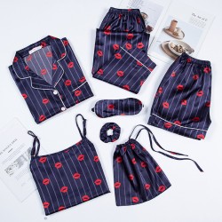 Manufacturer Direct Women's 7-Piece Ice Silk Pajama Set - Long Sleeves, Shorts & Camisole - Sexy Home Wear - All-Season Wear