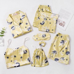 New Women's 7-Piece Silk Pajama Set - Long Sleeves & Shorts - Spring/Autumn - All-Season Wear