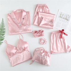 Women's New 7-Piece Silk Pajama Set - Faux Silk Fabric - Spring/Summer - All-Season Wear