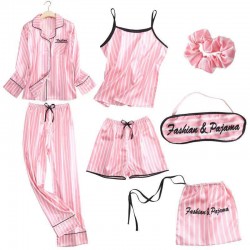 Women's 7-Piece 4-Season Pajama Set - Ice Silk Long Sleeve & Camisole, Lily Print Silk-Like Loungewear Set, Factory Supply