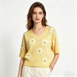 Women's Knit Top V-Neck Short Sleeve Cute Daisy Floral Print Cream Yellow Oversized Breathable Spring Summer Daily Casual Top