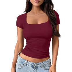 Women's Design Square Neck Crop Tops Summer Eco-Friendly Short Sleeve T-Shirts Sexy Basics Tees for Going Out