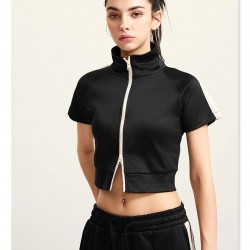 Women's Slim Fit Crop Top T-Shirts Solid Color Casual Stylish Eco-Friendly Zip up Lightweight Breathable T-shirts