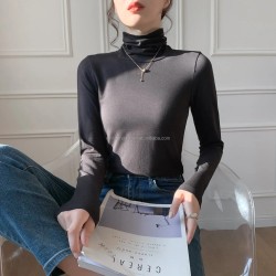 Women's Slim-Fit Daily Wear Pullover Tops Thermal Solid Color High Collar Long Sleeve Sweater Pure Cotton T-shirt