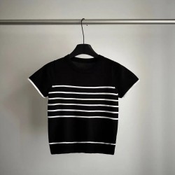 Summer New Versatile Stripes Knitted Short-sleeved Ice Silk Round Neck Pullover T-shirt Top Knitwear Women's Clothing