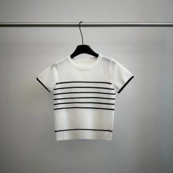 Summer New Versatile Stripes Knitted Short-sleeved Ice Silk Round Neck Pullover T-shirt Top Knitwear Women's Clothing
