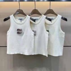 Designer Summer Collection Breathable White Rhinestone Knitted Crop Top for Women Heat-Transfer Tank Top