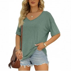 Tri Blend Women's Half Sleeve T-Shirt Fashion V Neck Oversized Loose Tops Solid Casual Basic Blouses