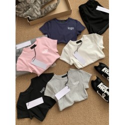 C0906 Solid Round Neck Letter Printed Short Sleeved T-shirt for Women Slim Fit Designer Casual Cotton Crop Top