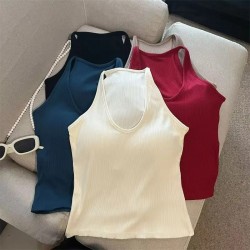 Summer Ladies Vest White Cotton Ribbed Women's Crop Tank Top Breathable Sleeveless Racerback Bow Collar Lace Feather Crop Top