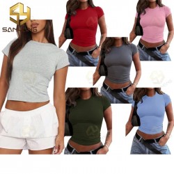 Baby Tee Women's T-shirts Crop Top Puff Rhinestone Plain Sexy Fitted Thin Blank Shirt for Woman