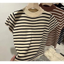 Women's Half Turtleneck Striped Short Sleeve Crop Top Slim Fit Soft Breathable Knitted Blouse Casual Wear Multi-Color