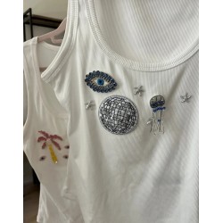 Summer Breathable Ladies Sleeve Top Rib Vest Stretch Knitted Beaded Shirt Handmade Rhinestone Sequin Trim Solid Tank Tops