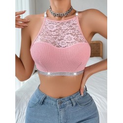Lace Splicing Neckline Silver Ribbon Seamless tank Top Women's Backless Womens Tops Bra for Women Full Cup