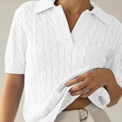 Women's Comfortable Solid Lapel V Neck Cotton Knit Pullover Shirt Casual Short Sleeve Sweaters Tops Classic Design Soft Clothes