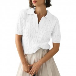 Women's Comfortable Solid Lapel V Neck Cotton Knit Pullover Shirt Casual Short Sleeve Sweaters Tops Classic Design Soft Clothes